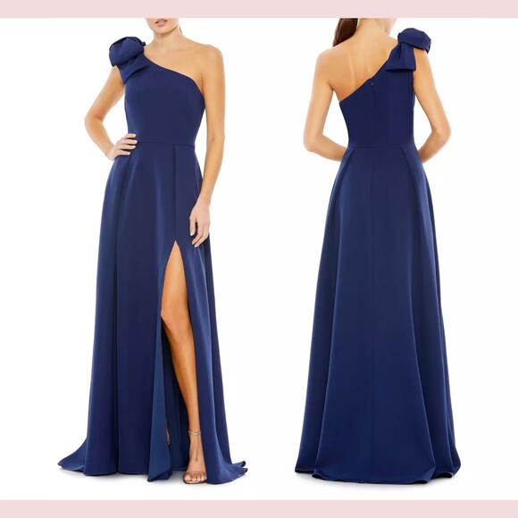 NWOT IEENA for Mac Duggal BOW ONE SHOULDER NAVY BLUE A-LINE FORMAL GOWN SZ 16 - Picture 2 of 12